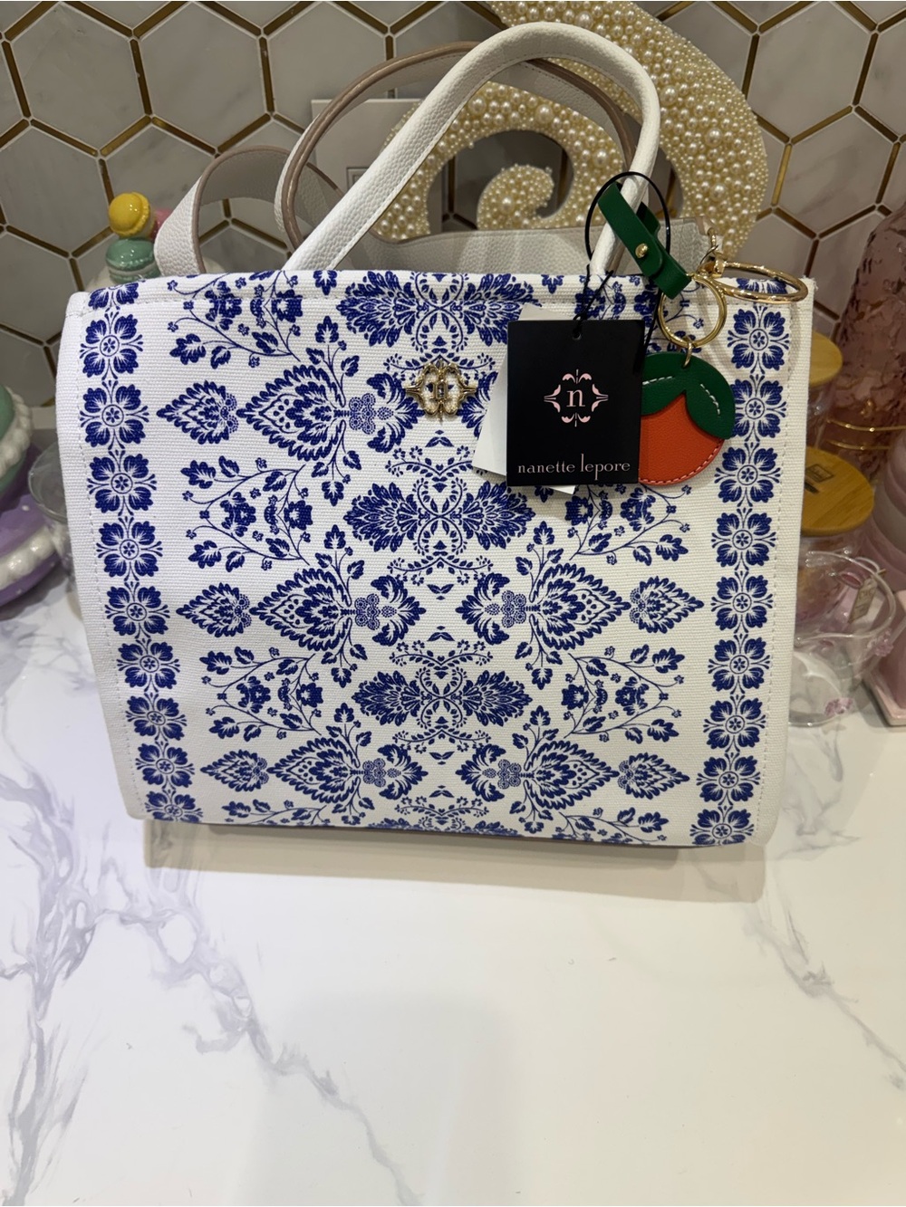 Nanette Lepore White & Blue Floral-Print Tote with Fruit Charm